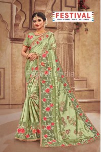  Outstanding Green Color Satin Georgette, Designer Traditional Saree